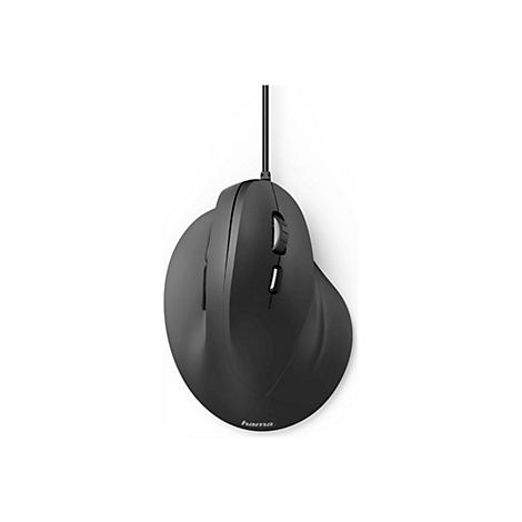 Draufsicht auf eine ergonomische, schwarze kabelgebundene Computermaus von Hama vor weißem Hintergrund.