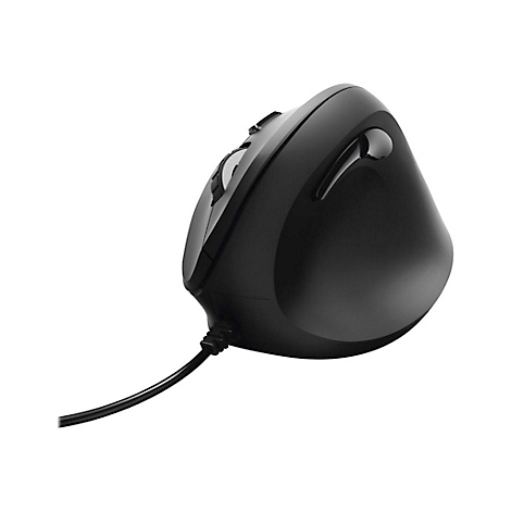 Schwarze vertikale ergonomische Computermaus mit Kabel vor weißem Hintergrund.