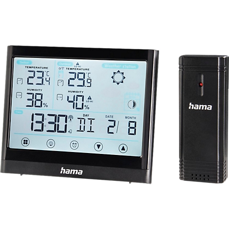 Black weather station with display and small transmitter. The temperature is displayed in degrees Celsius. Left: 23.4°C, right: 29.9°C. Also humidity, time and date.