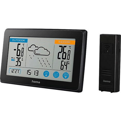 Black digital thermometer displaying outdoor and indoor temperature, and weather forecast.