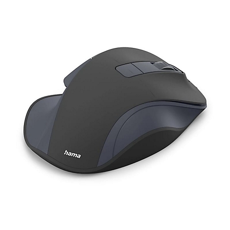 Schwarze, ergonomisch geformte kabellose Hama PC-Maus vor weißem Hintergrund.