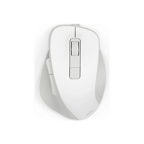 Weiße, kabellose ergonomische Hama-Computermaus mit Mausrad und Seitentasten vor weißem Hintergrund.