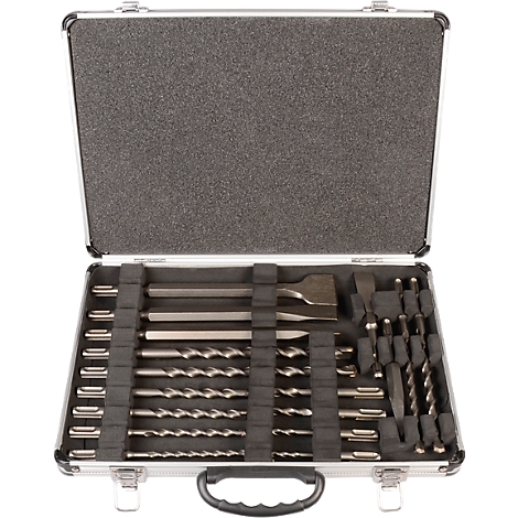 An open tool case with various drill bits and chisels, bedded in gray foam.