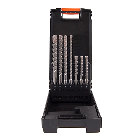 A black tool case, opened, filled with several drill bits. The handle is orange.
