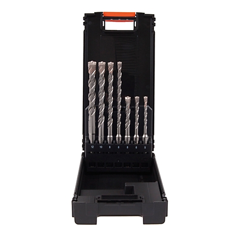 Drill bit set in black case, open. The metal drill bits are visible in different sizes.