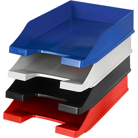 Four stacked file trays in blue, white, black, and red. Each tray has a raised front.