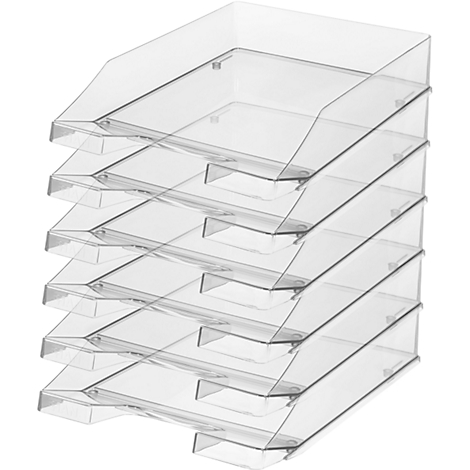 Stack of transparent plastic document trays, six arranged on top of each other.