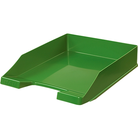 Green plastic empty tray. Sloping sides and a raised edge.