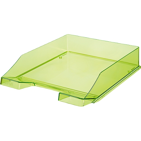 Green, transparent letter tray. Rectangular shape, slightly inclined. Supported on two low feet.