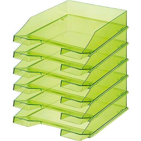 A stack of transparent, green letter trays.