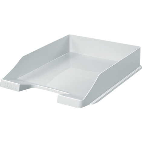 White tray with angled sides and logo. Placed on a light background.