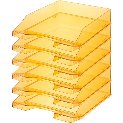 A yellow, transparent filing system with five angled trays.
