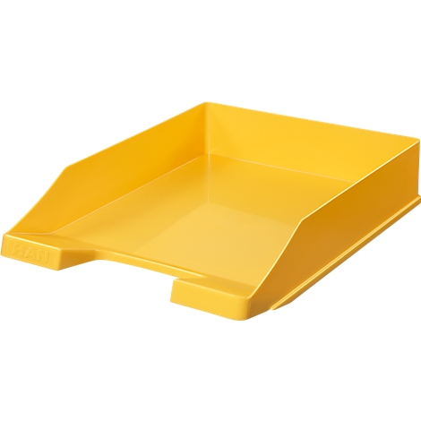 Yellow desk tray with slanted sides and low front.