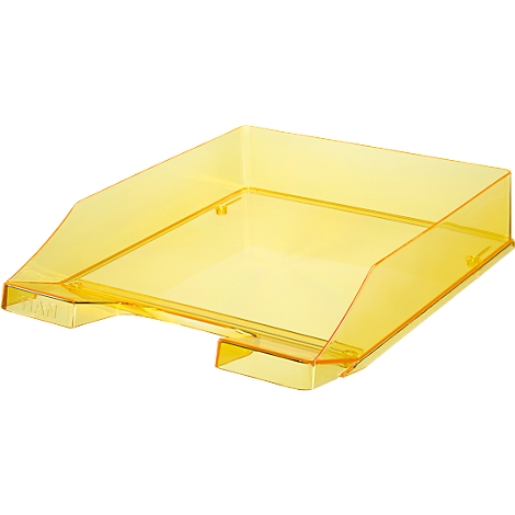 Yellow transparent tray, photographed diagonally from above.