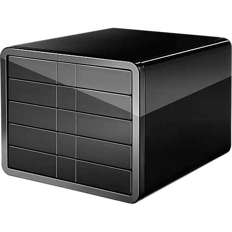 Black, cuboid device with 5 drawers. Glossy surface and rounded edges. The lower part reflects.