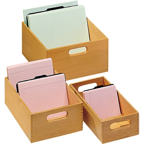 Three wooden boxes with pink and green notepads, with black handle.