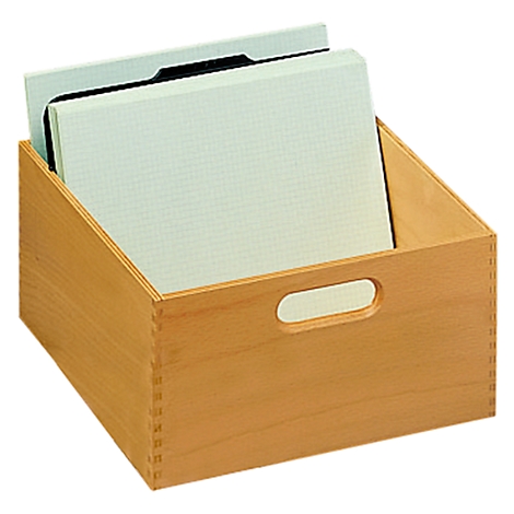 Wooden box with handle hole. It contains papers. Light brown wood with light papers.