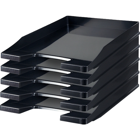 Black plastic filing system, consisting of five stackable trays.