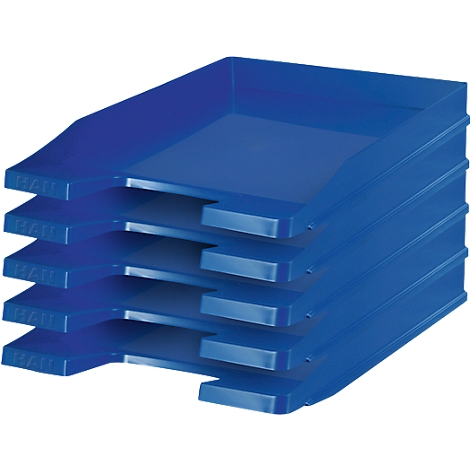 Blue, stackable document tray with four compartments. Inscription: HALL.