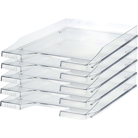 Stack of transparent document trays. Each tray is labeled 'HAN'.