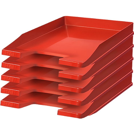 A red plastic letter tray stack with four compartments. The trays are slightly rounded.