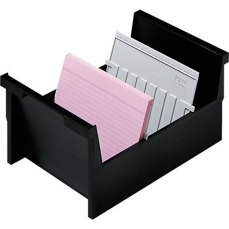 Black memo pad holder with pink, ruled memo pads and gray divider.