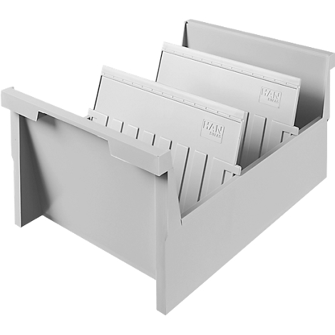 Gray storage box with dividers, holding sheets. The word "HAN" is visible on the dividers.