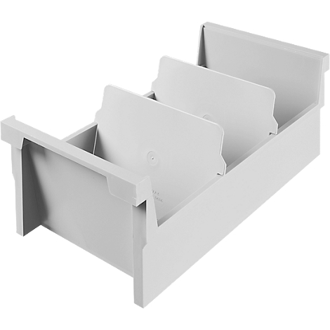 Light grey plastic drawer divider. It is divided into three compartments.