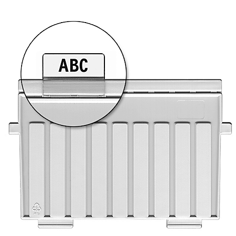 White container with ABC label. Detailed view of the labeling tag.