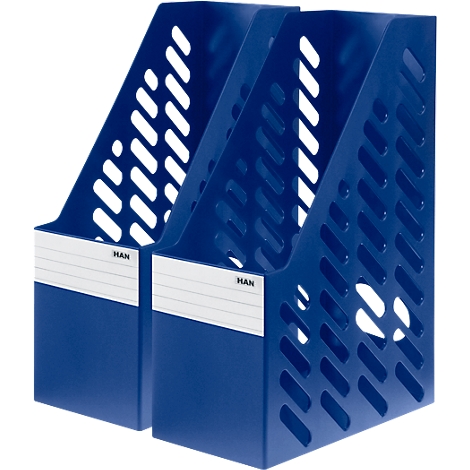 Zwei blaue HAN-Zeitschriftenhalter mit Aussparungen und weissen Etiketten.