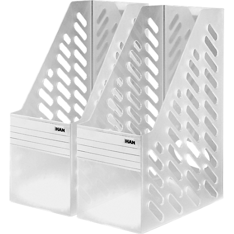 Zwei transparente, perforierte Dokumentenhalter mit dem Schriftzug "HAN".