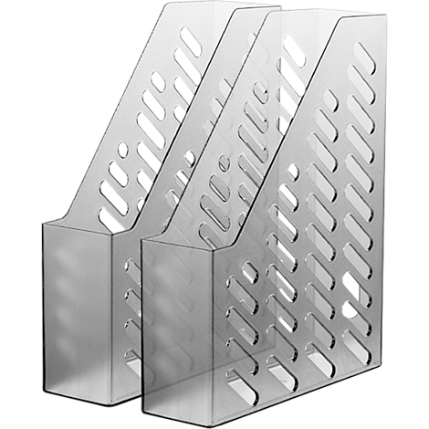 Drei durchsichtige, graue Zeitschriftenständer, mit diagonalen Öffnungen. Sie stehen nebeneinander.