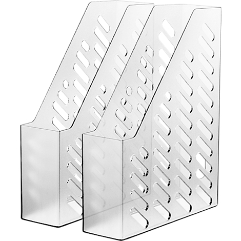 Zwei transparente Zeitschriftenhalter aus Kunststoff, schräg angeordnet.