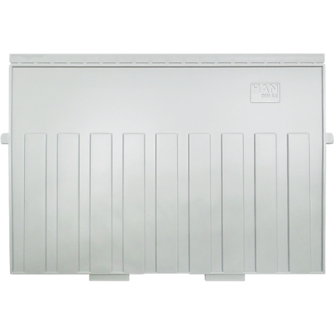 Gray plastic cover with grooves, company logo in the upper right corner.