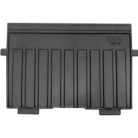 Dark gray plastic tray with vertical ribs and side recesses. The top edge reads "HAN DDLAB".