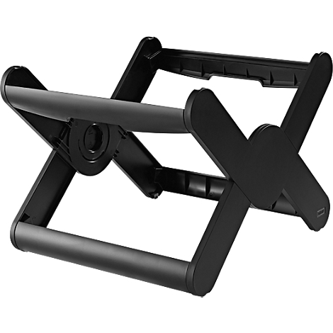 Black, foldable laptop stand in an X-shape.