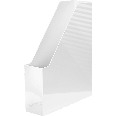 Witte, schuine tijdschriftenrek, glad en minimalistisch.