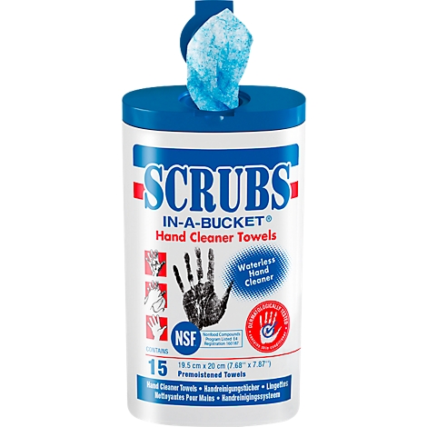 White and blue hand cleaner towels in a bucket. Text reads: SCRUBS IN-A-BUCKET. Handprint, waterless hand cleaner.