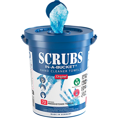 Blue bucket labeled SCRUBS IN-A-BUCKET Hand Cleaner Towels. Blue cleaning towels are coming out from the top.