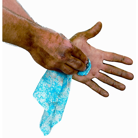 Heavily soiled hands are being wiped with a blue cleaning cloth.