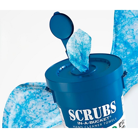 Blue cleaning wipes in a bucket. Bucket open with protruding cloth. Inscription: SCRUBS.