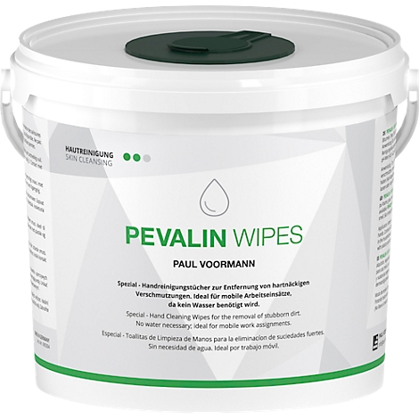 White bucket with green text "PEVALIN WIPES" and manufacturer logo. Text in different languages below.