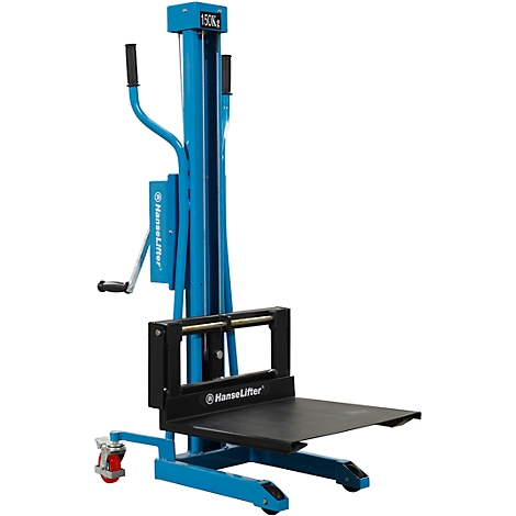 Blue HanseLifter lift truck carrying a black platform for lifting. It reads 150kg.