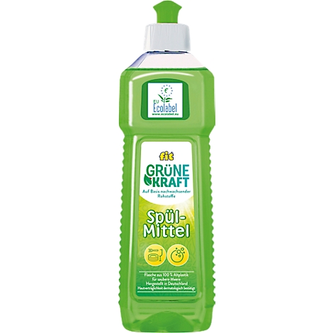 Green dish soap bottle with lettering. Green lid at the top, white bottle neck, green bottle body below. Inscription: Green Power, dish soap.