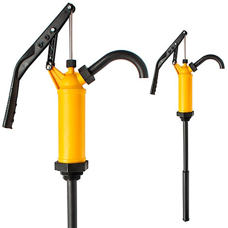 Two yellow hand pumps with black handles and spouts. They stand against a white background.