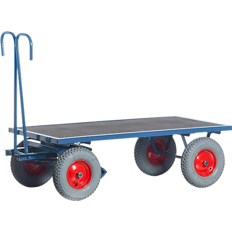 Blue transport vehicle with platform and four wheels. Gray tires with red rims. The handle is bent.