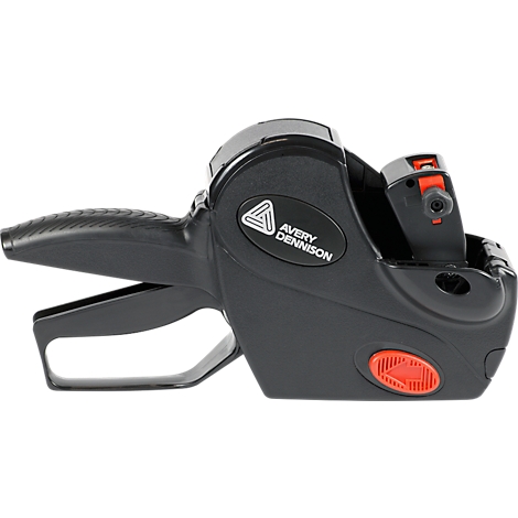 Black Avery Dennison price labeler. Details like red button and Avery Dennison logo are visible.