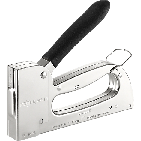 A silver staple gun with a black handle, brand name, and technical specifications.