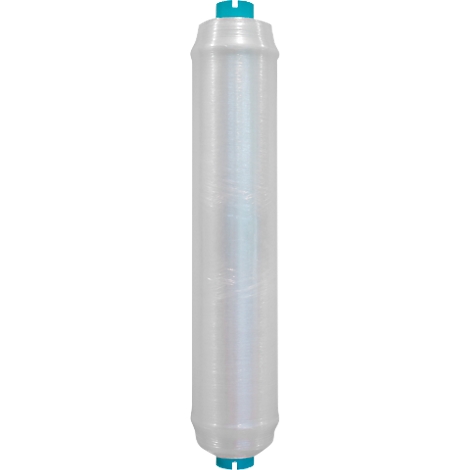 Cylindrical transparent filter with turquoise ends.