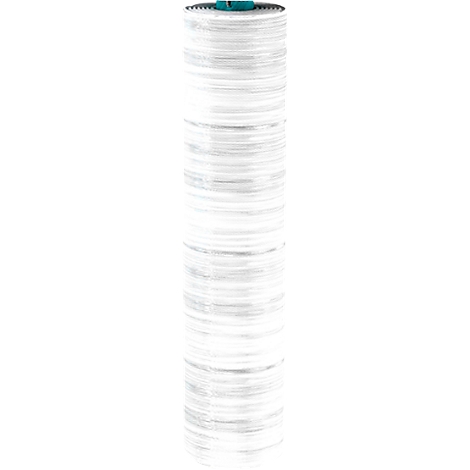 Roll of white fabric with a turquoise blue lid. The fabric is rolled up.